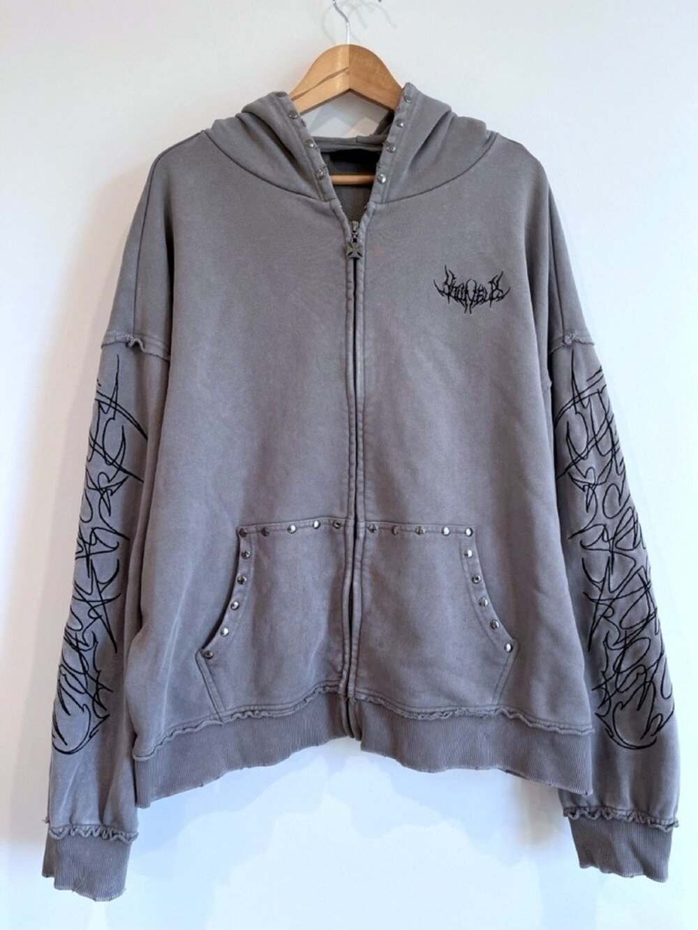 YoungLA Tribal Stud Zip Up Hoodie Light Grey Wash Mens XXL Grunge